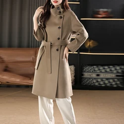 Autumn and Winter New Solid Color Long Double-Faced 100% Woolen Goods Women's Coat Single Breasted Stand Collar Trendy Coat