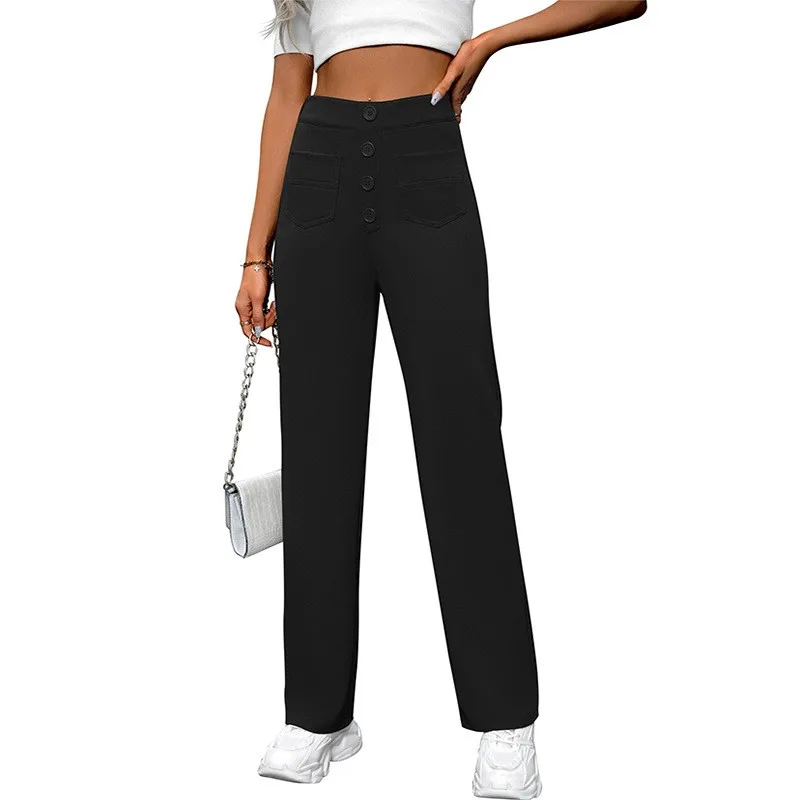 Women's Clothing Pants High Waist Straight Button Front Trousers Blue Black Wide Leg Pants Solid Color Relaxed Fit Long Pants