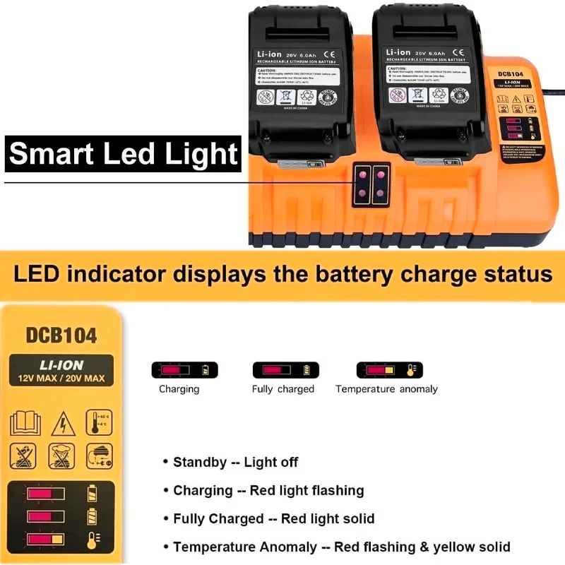 DCB104 Li-ion Battery Charger 4-Port 2A Current For Dewaltt 10.8V 12V 14.4V 18V 20V 60V DCB127 DCB105 DCB118 DCB112 DCB119 DCB10