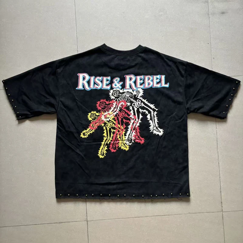Vintage Washed Skull Skeleton Print KLEEP T-Shirt High Quality Y2K Hip Hop Punk Rivet Frayed Hem Loose Casual Top