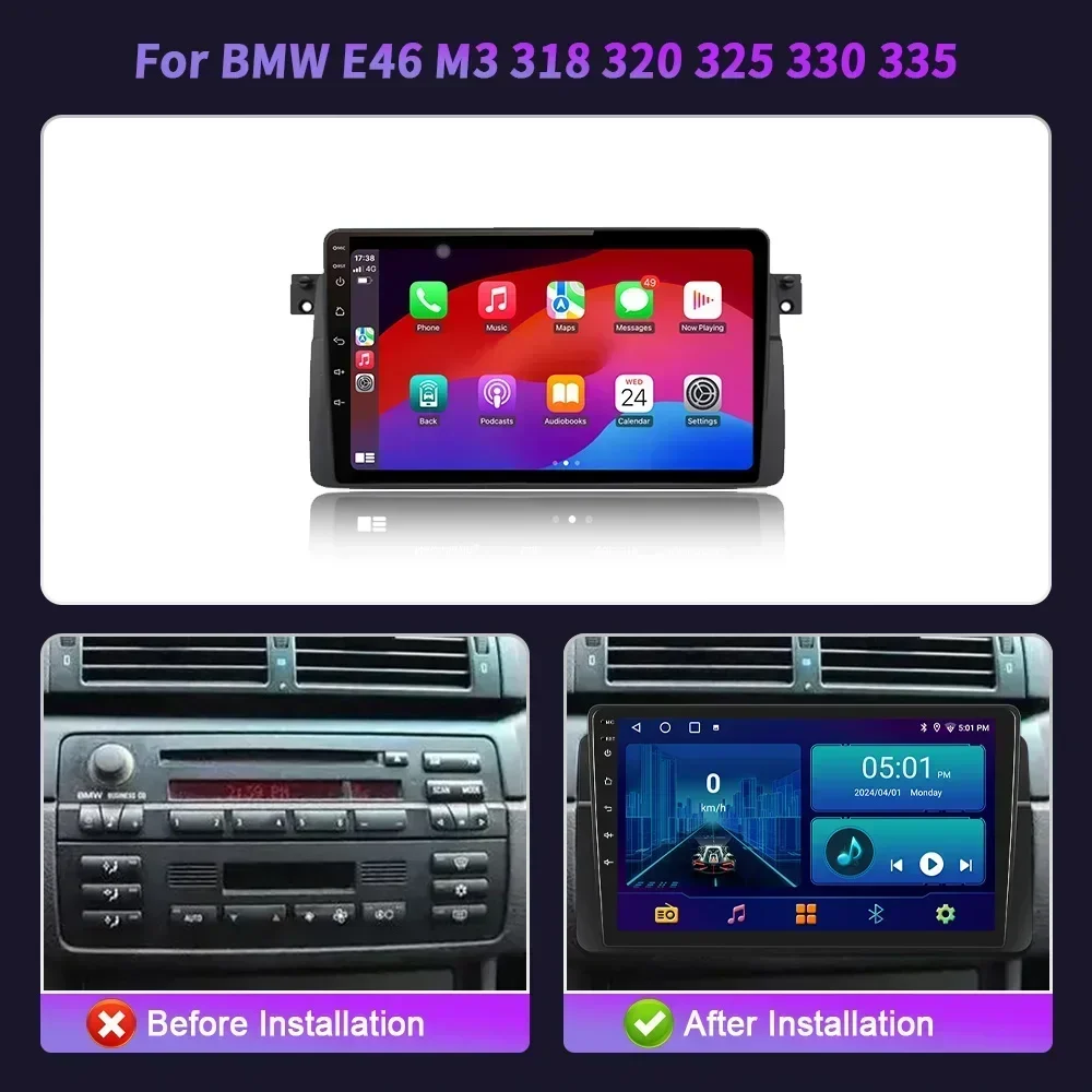 Car Radio Android 14 Wireless Carplay Multimedia Player 4 GPS Navigation Autoradio For BMW E46 M3 318 320 325 330 335 1998-2006