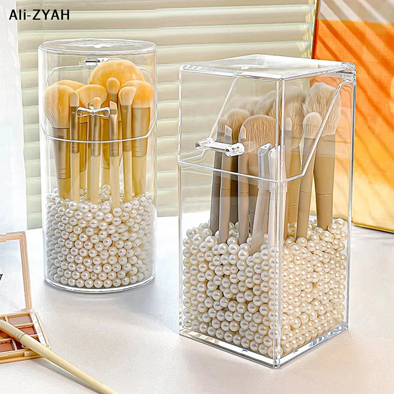 【AH】1Pc Desktop Makeup Brush Bucket Cup Holder With Lid Dust-proof Makeup Lipstick Cosmetic Box Organizer Tube Transparent