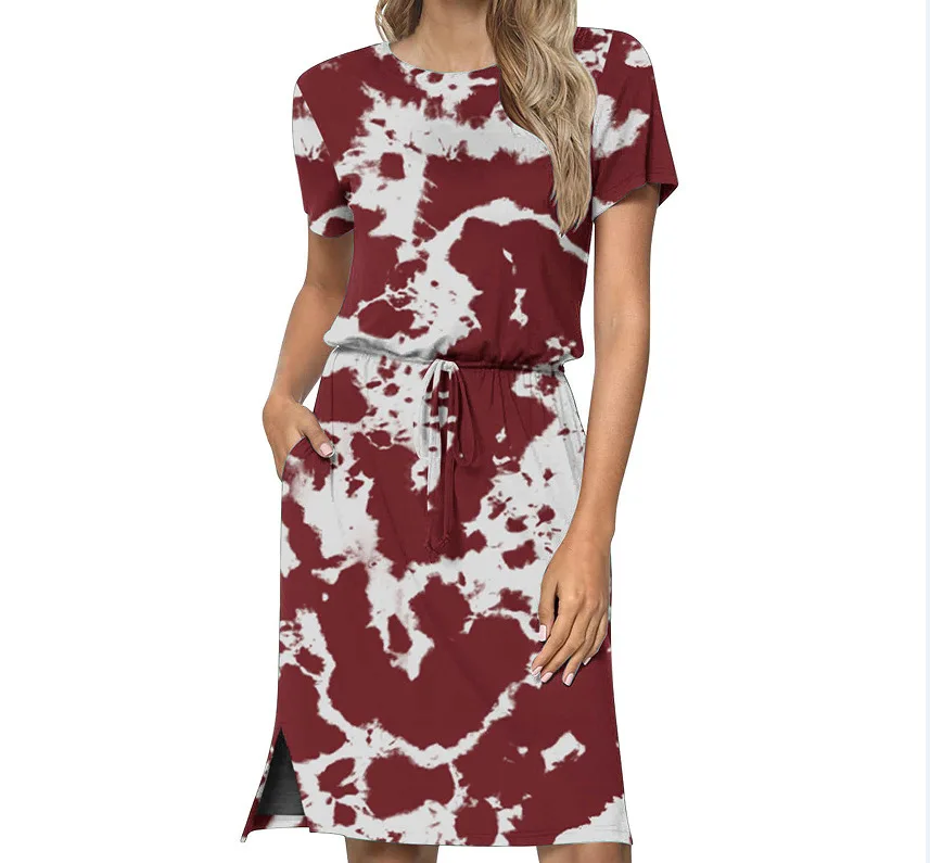 European and American Cross-border Amazon Women's Round Neck Adjustable Waist Medium and Long Printed Dress Cw07102