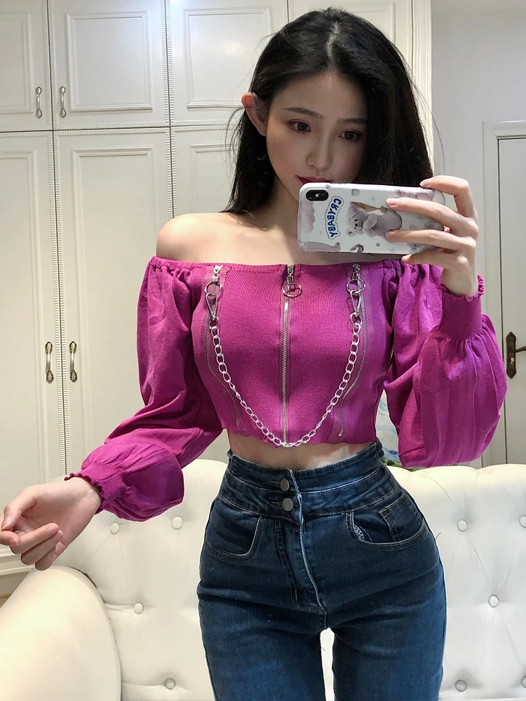 

Сексуальный укороченный вязаный топ в стиле ретро с цепочкой на одно плечо Bubble Sve, женский пуловер ort Sle, длинный фонарь Sve Pure Color