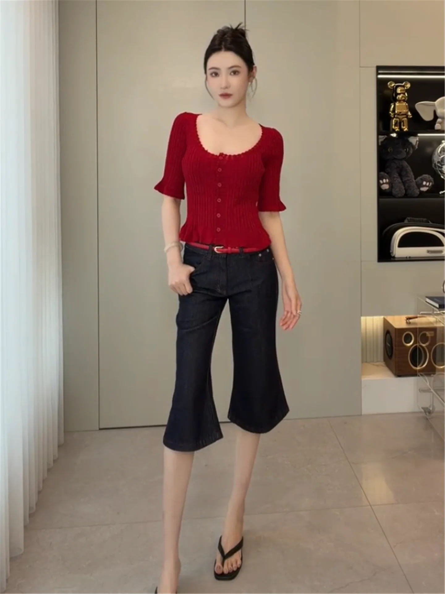 

American Vintage Low Waist Bell Bottom Jeans Women Summer Slimming Hot Girl Versatile mid Length Cotton Casual Denim Pants