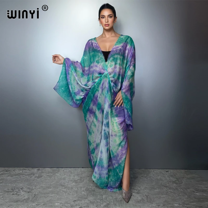 WINYI Summer Tie-dyed Deep V Sexy Slight Perspective Dress Swimsuit Cover Up Women Beach Wear Dresses Robe Fashion Kaftan