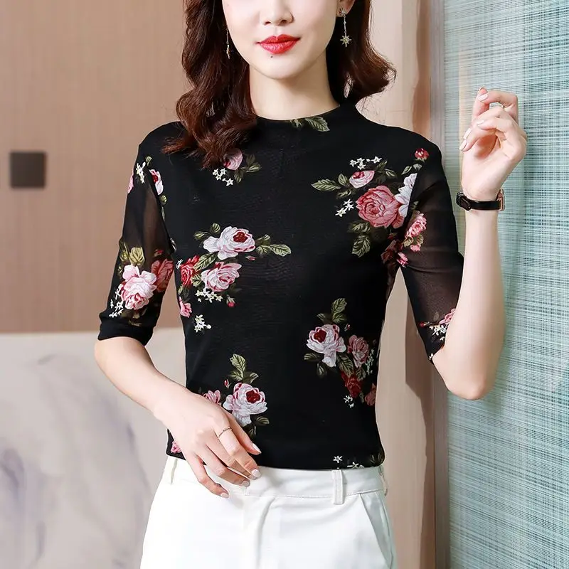 

2023 chinese vintage ethnic shirt hanfu women elegant flower print mesh shirts oriental tang suit feminino retro base shirt