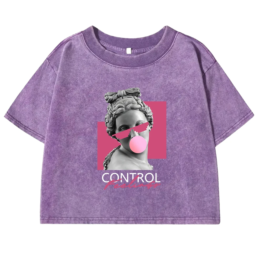 A Sculpture Of A Woman Blowing Bubbles Print Women Washed T Shirt Cotton Casual  Short Sleeve Crop Top Street All-Match Tee