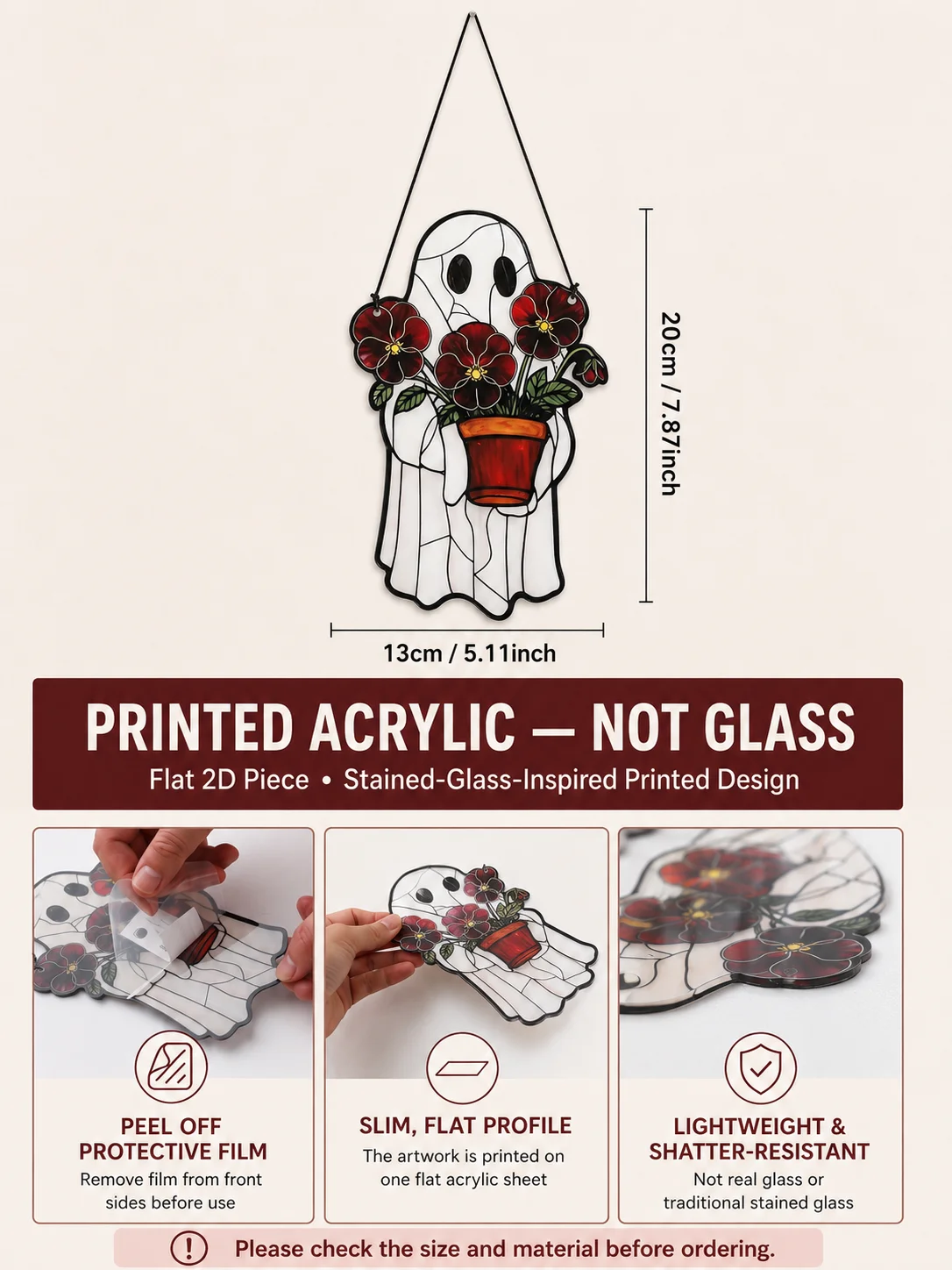Halloween Ghost Holding Flower Pot Acrylic Suncatcher Window Hanging Gothic Spooky Home Indoor Autumn Fall Wall Decor Pendant view 6