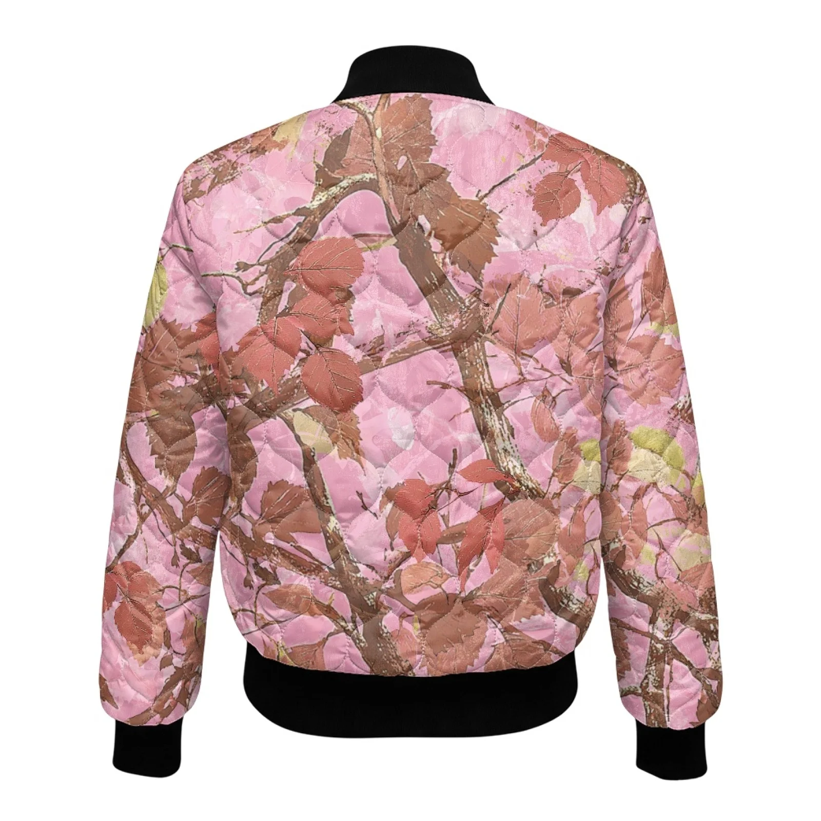 PENSTROLL Pink Tree Leaf Print Ladies Cropped Length Zipper Padded Quilted Coat Water-Resistant Coat Outerwear for Travel