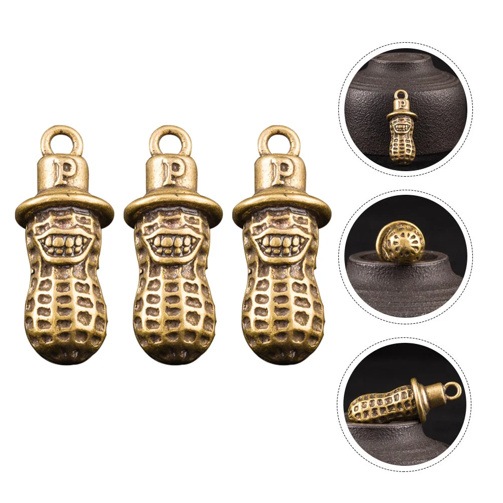 

3 Pcs Peanut Keychain Brass Decor Pendant Fob Vintage Exquisite Keycahin DIY Charm