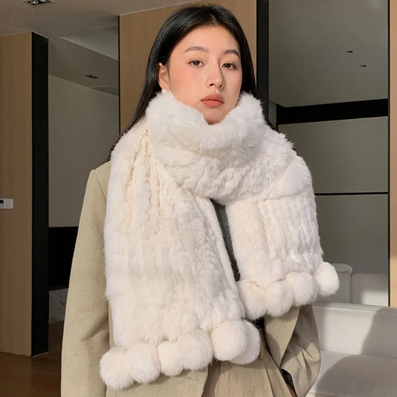 2023 New Arrival Warm Thick Winter Knitted Real Rabbit Fur Shawl Women Fashion Fluffy Soft Natural Genuine Fur Scarves Female