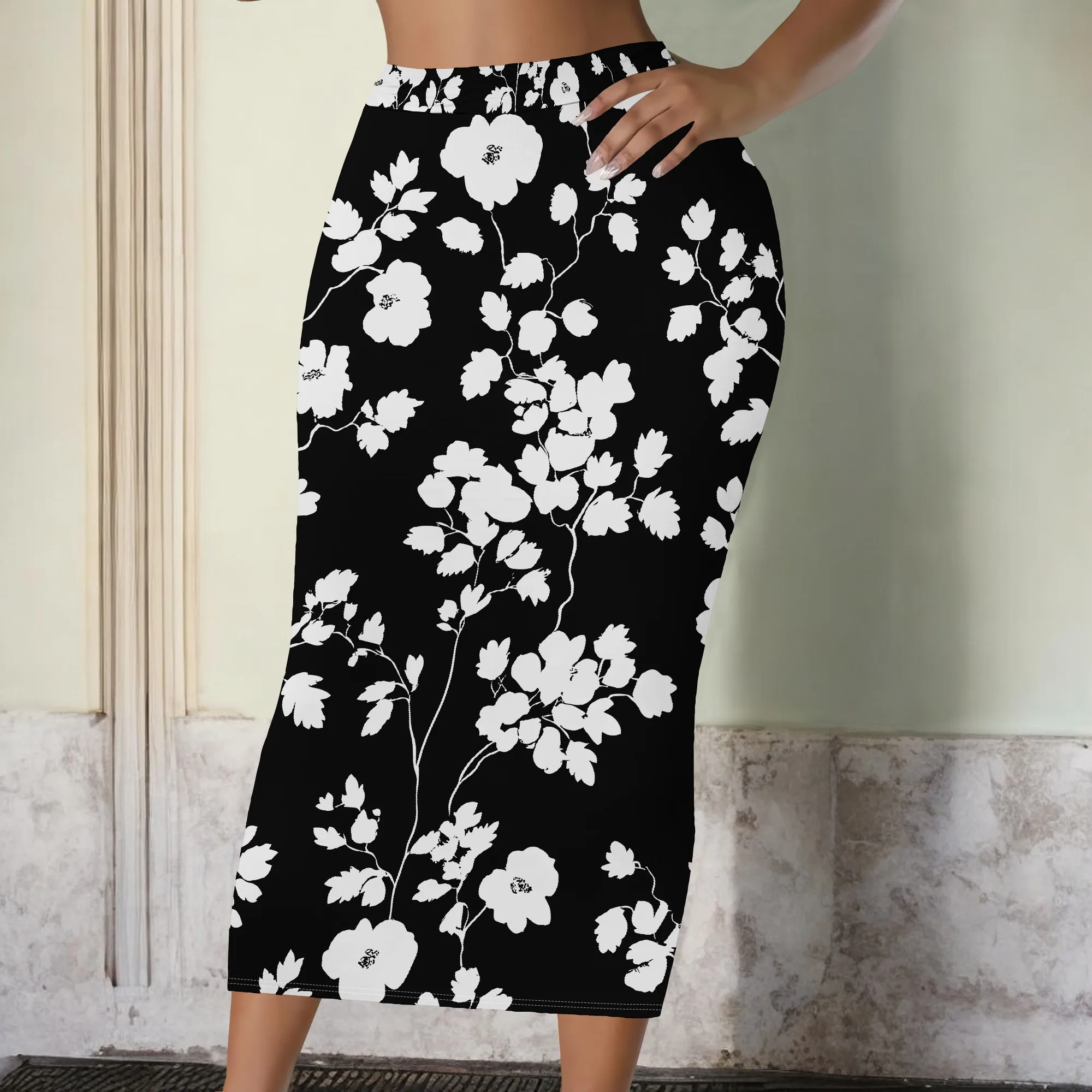 Black Floral Midi Skirt, White Flower Print Pencil Skirt, High Waist Bodycon Skirt for Women, Summer Office Wear S-2XL