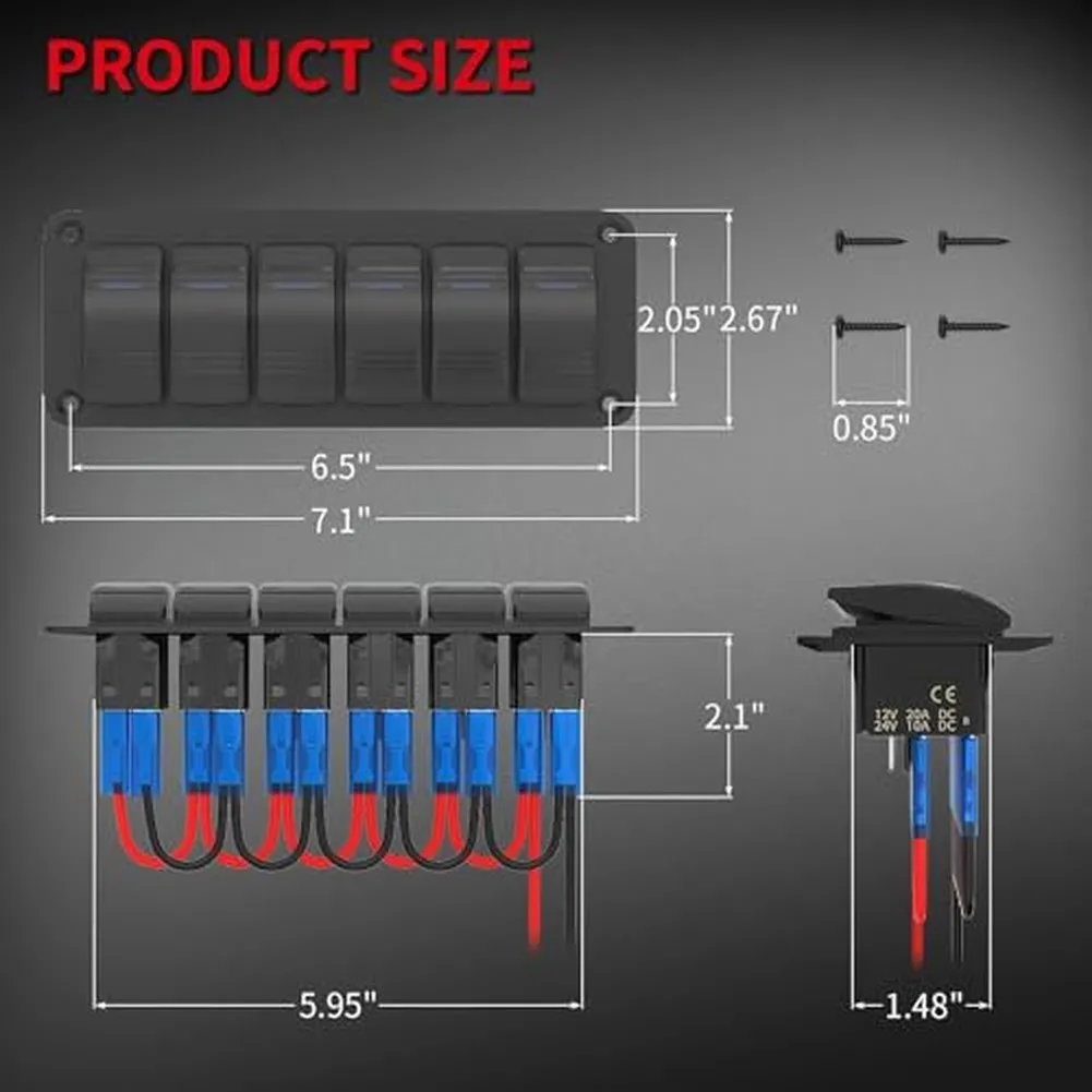 Black 6 Gang Switch Panel Waterproof Pre Wired Harness With LED For Marine Automotive 12V 24V Vehicle Electrical Control