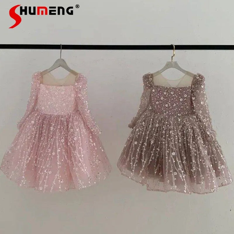 

Праздничное платье для девочек с длинными рукавами, платье принцессы с пайетками для выступлений, вечернее платье для детей на день рождения, для выступлений на фортепиано