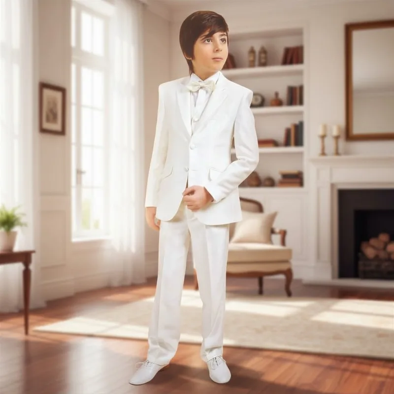 

White Wedding Boy Suits 3 Pieces Satin Kids Custom Cozy Suit Made in China Formal Tuxedo Birthday Party Wear Comfortable Suit