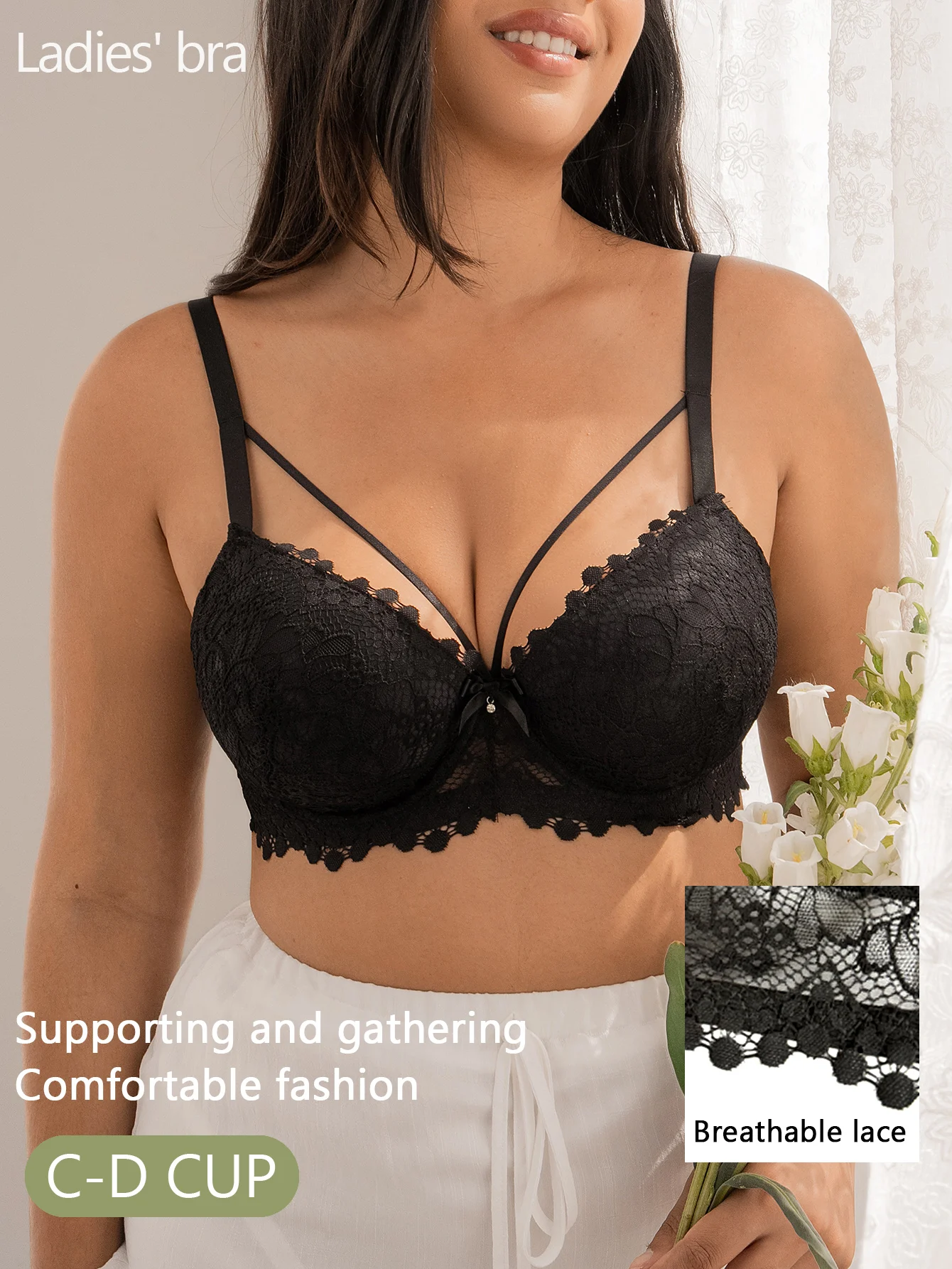 Women C-D Cup Floral Lace Underwire Bra Scalloped Edge Double Thin Straps Rhinestone Gathering Lingerie