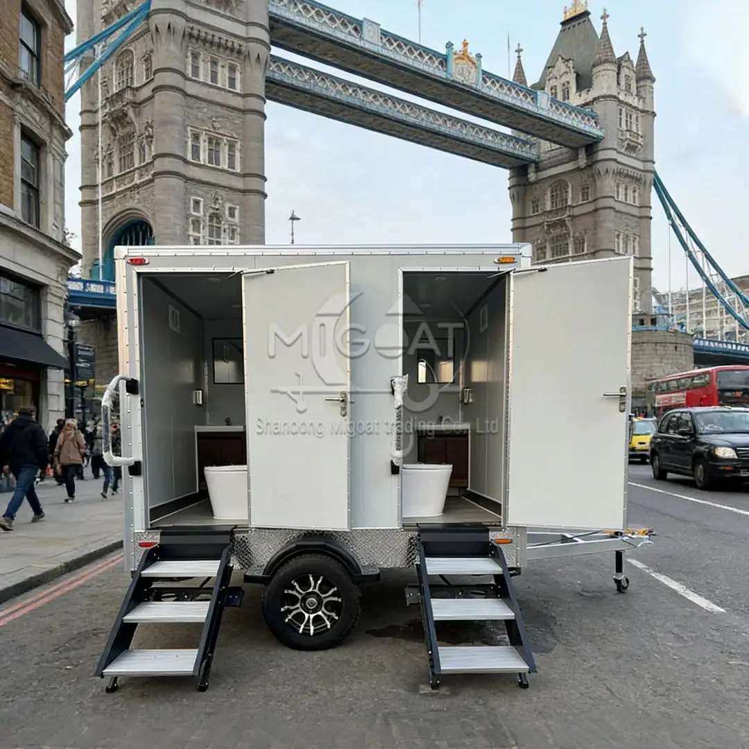 Double-Station Towable Mobile Restroom Outdoor Temporary Toilet with Separate Men's & Women's Compartments And Fixtures