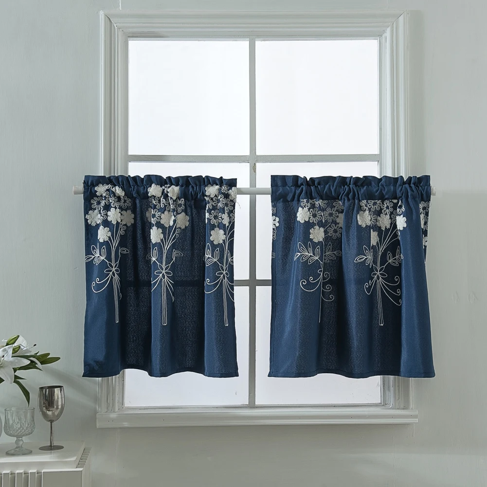 1 Panel Small Cafe Curtain Linen Floral Embroidery Half Window Curtains for Kitchen Bathroom Farmhouse Light Filtering Assorted