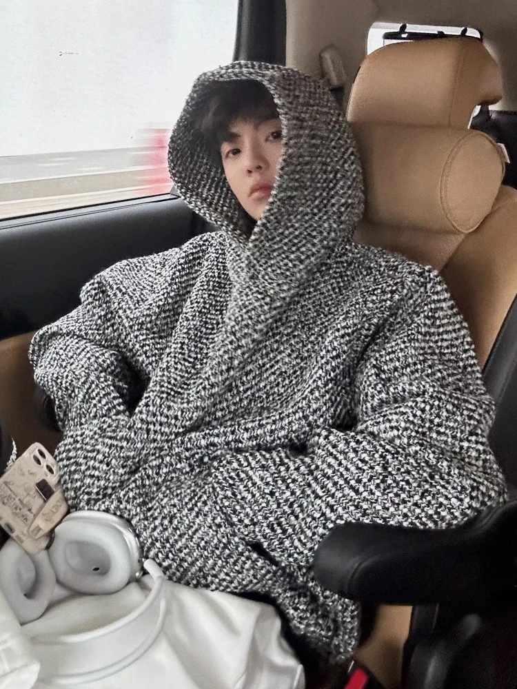 سترة رجالية فاخرة بغطاء للرأس لفصلي الخريف والشتاء، جاكيت سميك عصري من التويد، فضفاض بأكمام طويلة، ملابس كاجوال للشباب