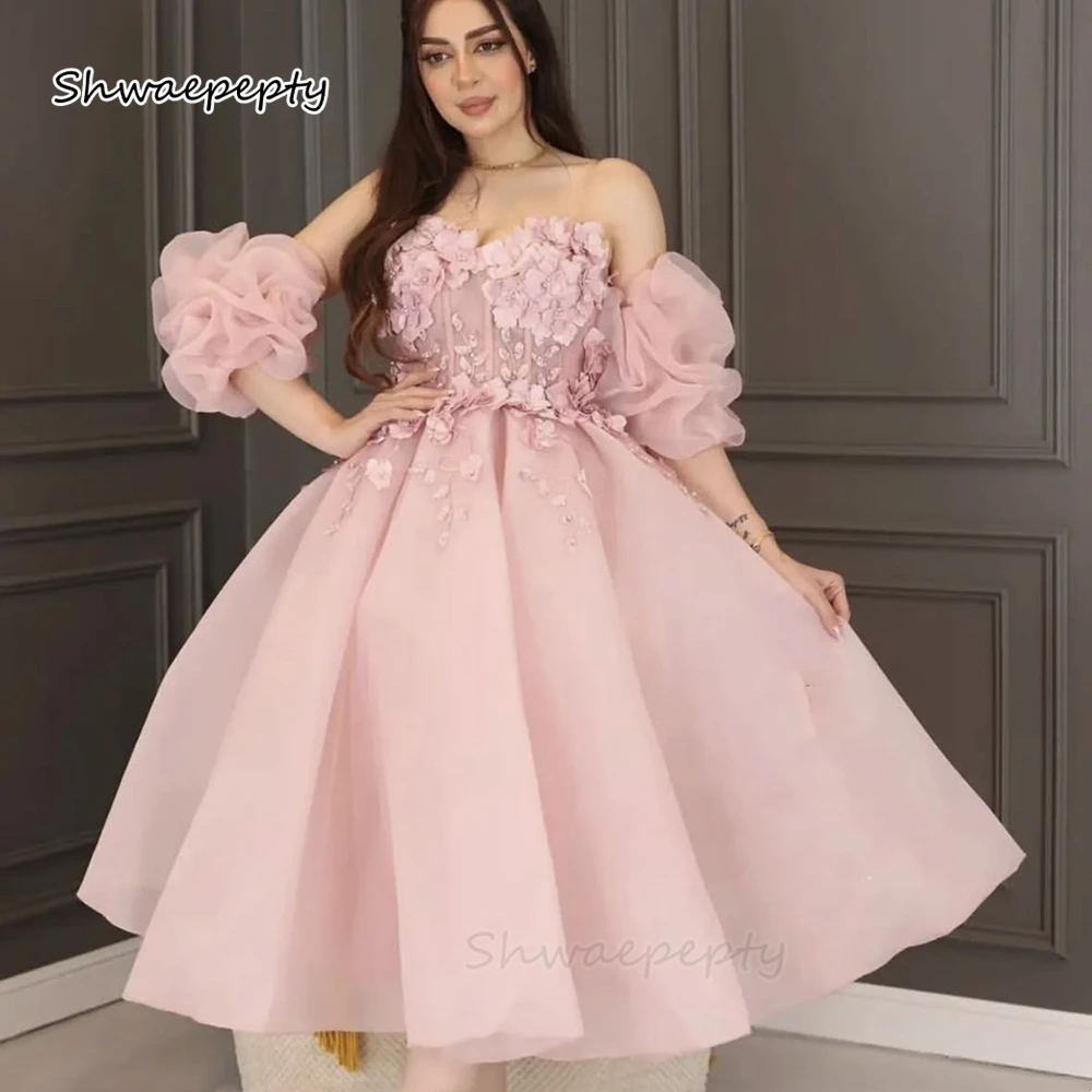 

Tea-Length Pink Prom Dresses With Deatchable Short Sleeves 3D Floral Appliques Birthday Party Gown Customized Graduation Dress