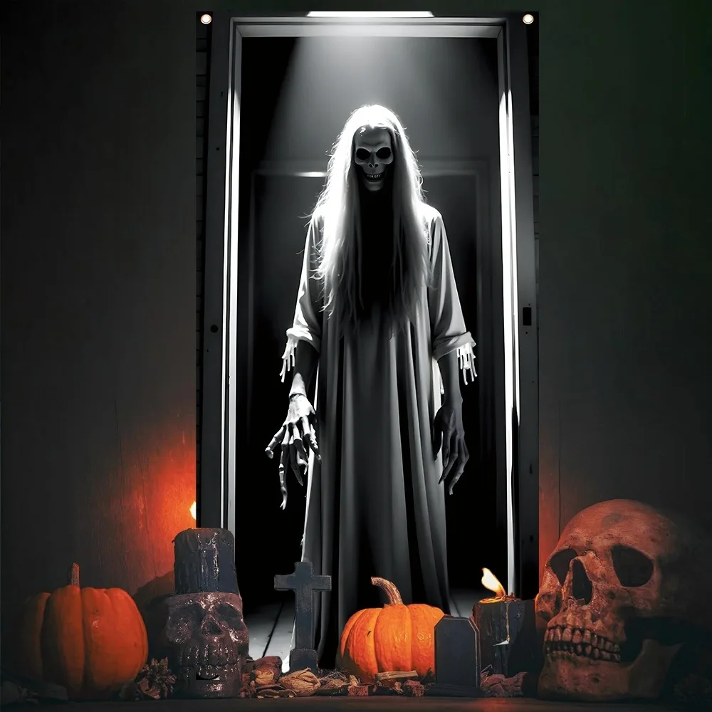 Scary Ghost Halloween Door Curtain Long Hair Specter Door Banner for Haunted House Front Door Horror Theme Party Decor ﻿ view 3
