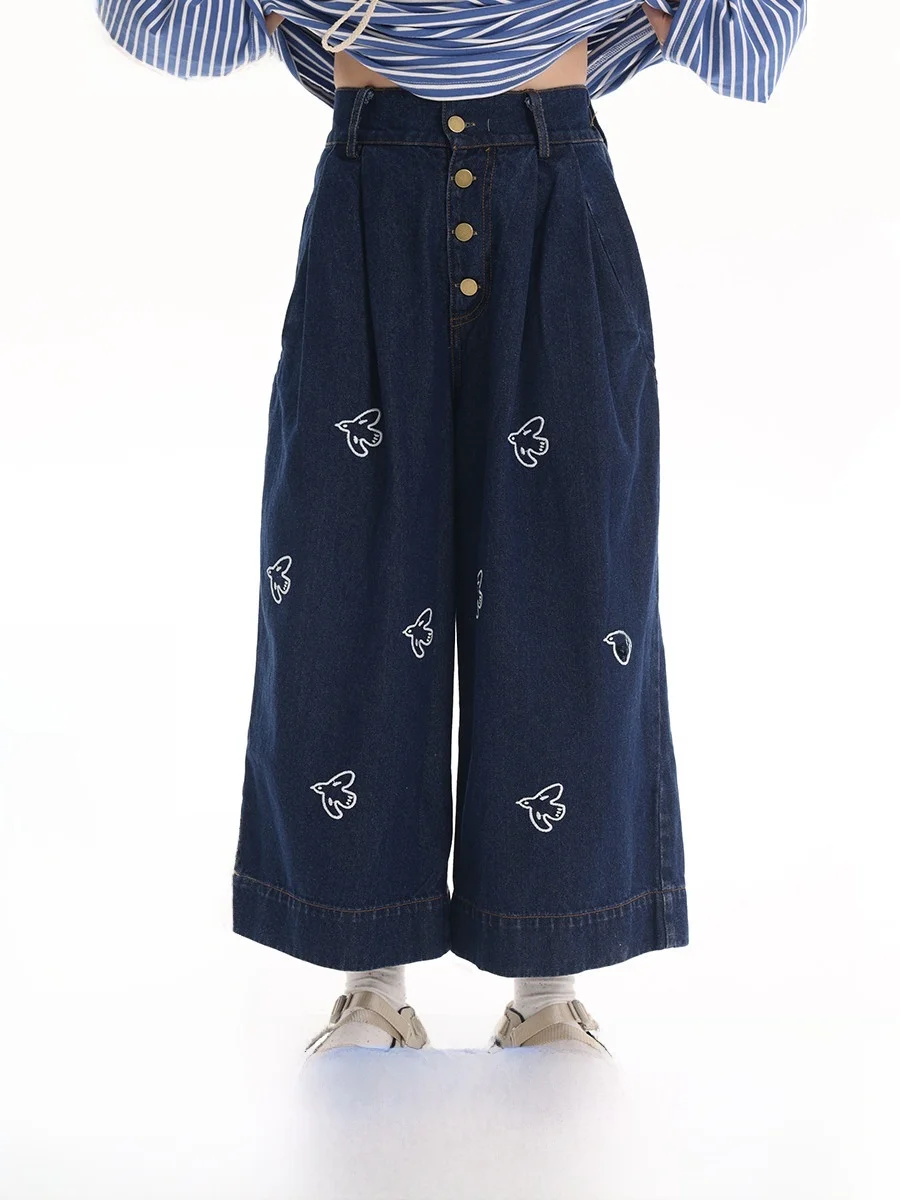 

Джинсы женские Original Universe King Heavyweight с вышивкой Bird NINE-TENTH, синие, весенние, из хлопка, стрейч, широкие штанины, с высокой талией