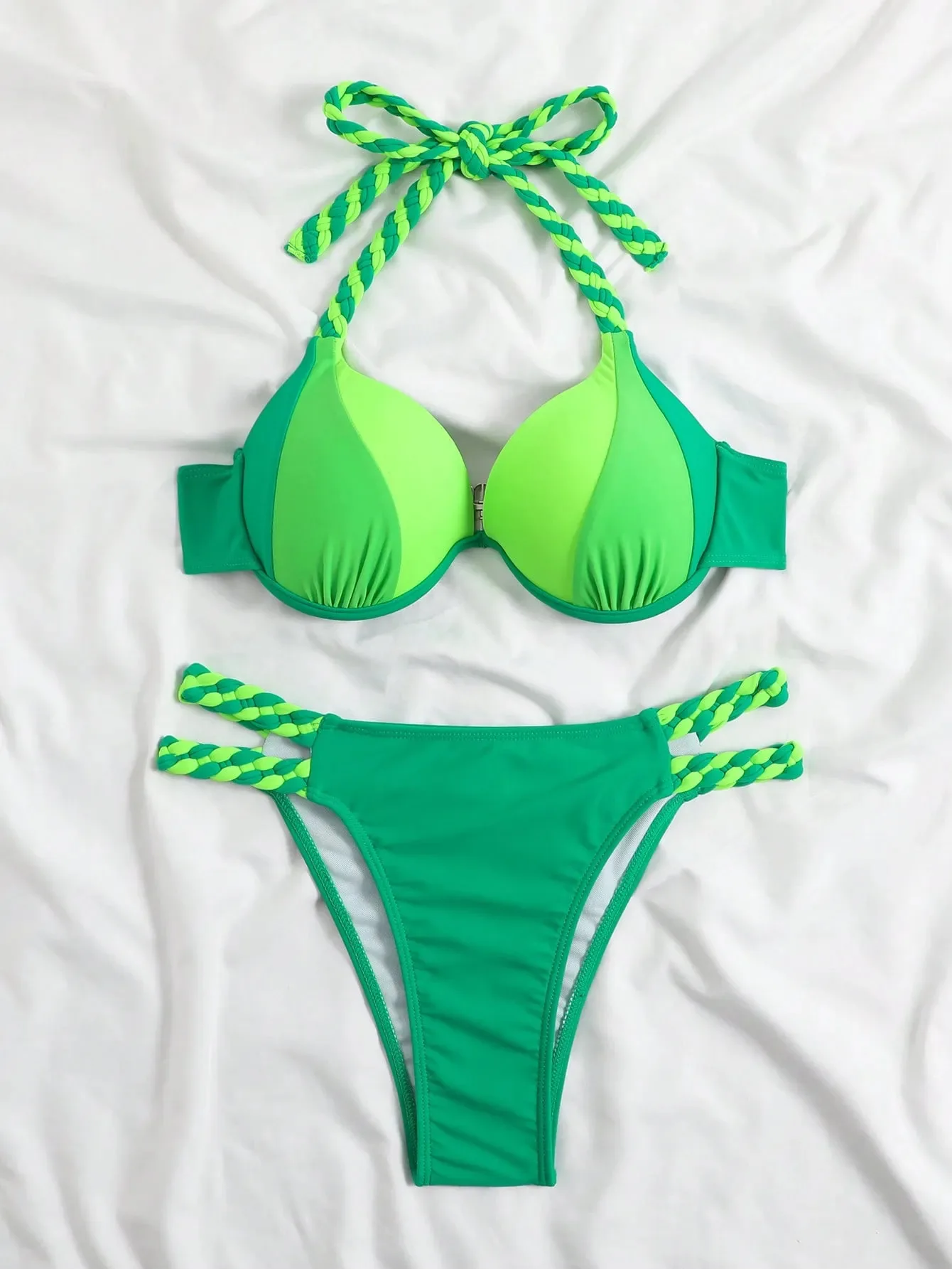 Zestaw bikini Cikini-Colorblock Halter Push Up, seksowny strój kąpielowy, plażowe stroje kąpielowe, kostium kąpielowy dla kobiet, lato