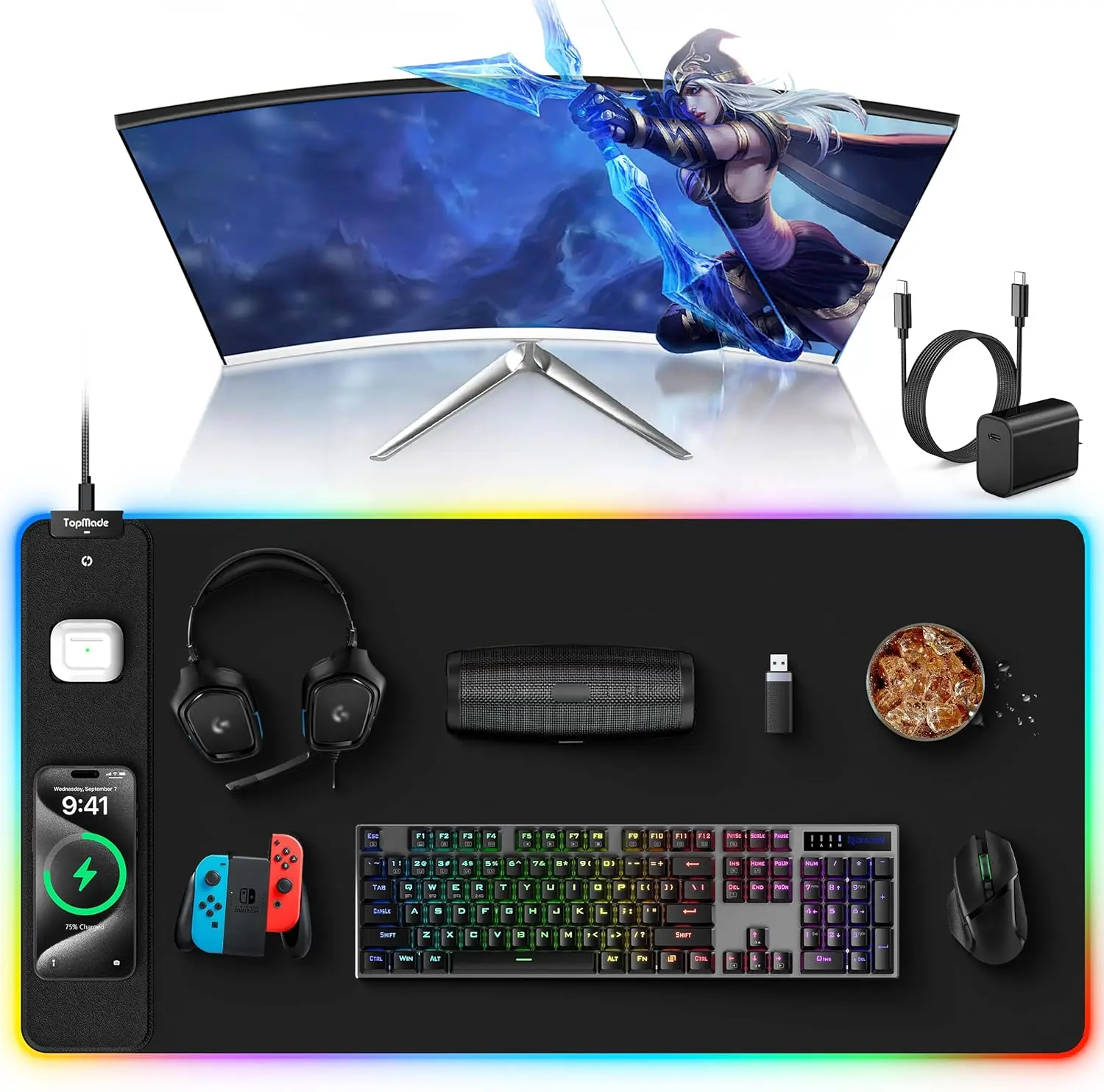 Wireless Charging RGB Mouse Pad, Waterproof Gaming Desk Mat with 4 Light Modes & 11 Colors, Large Size Includes PD Adapter