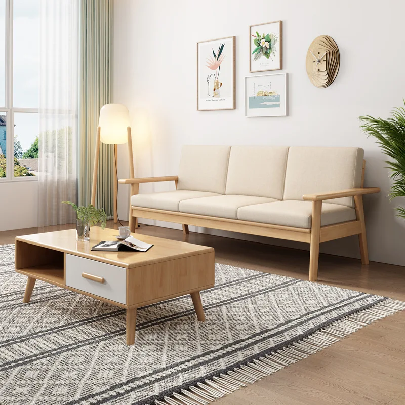Solid wood sofa living room combination fabric winter and summer small apartment log color furniture