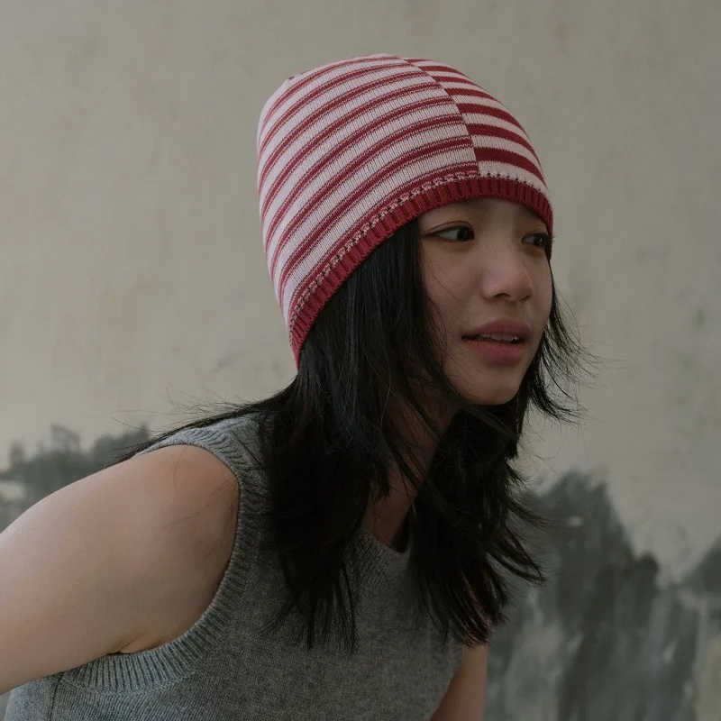 versao-coreana-design-assimetrico-listrado-macio-malha-chapeu-feminino-chique-doce-picante-vibe-gorros-feminino-mistura-de-la-chapeu-outono-inverno