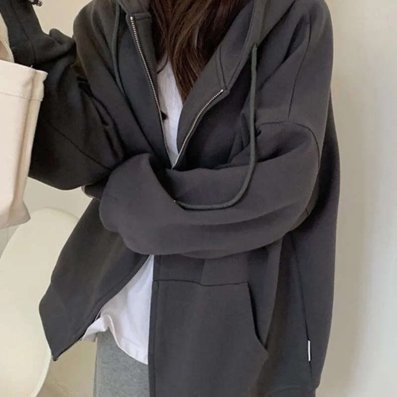 Hooded Cardigan Zippered Jacket Women Long Sleeved European and American Street Style Solid Color New Sweater