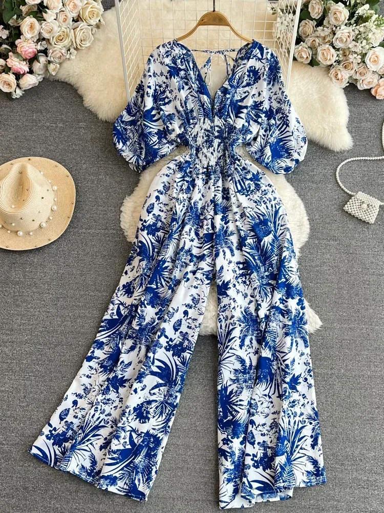 

2026 New Summer Women Sexy V-Neck Puff Sleeve Printed Romper Female Wide Leg Jumpsuits Vacation Beach New Fashion