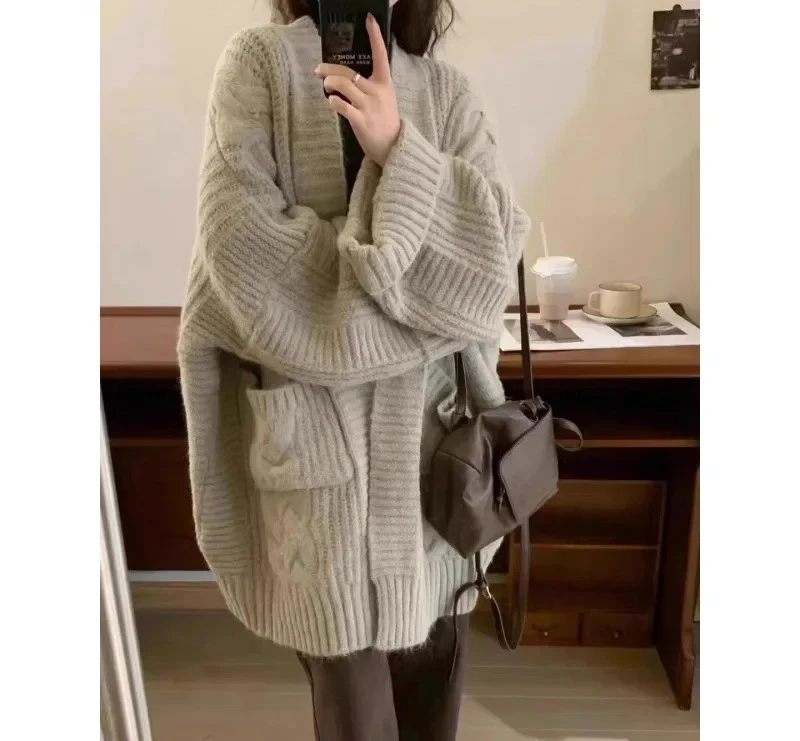 

V-Neck PulloverKorean Style Sweater Idle Medium-Length Autumn/Winter Knit Cardigan Women's Jacket Loose Fit