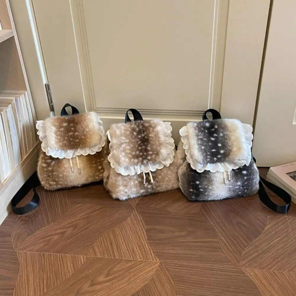 Women Handbag Leopard Print Fluffy Shoulder Bag Soft Deer Spot Backpack Large Capacity Korean Style Faux Fur Backpack Daily