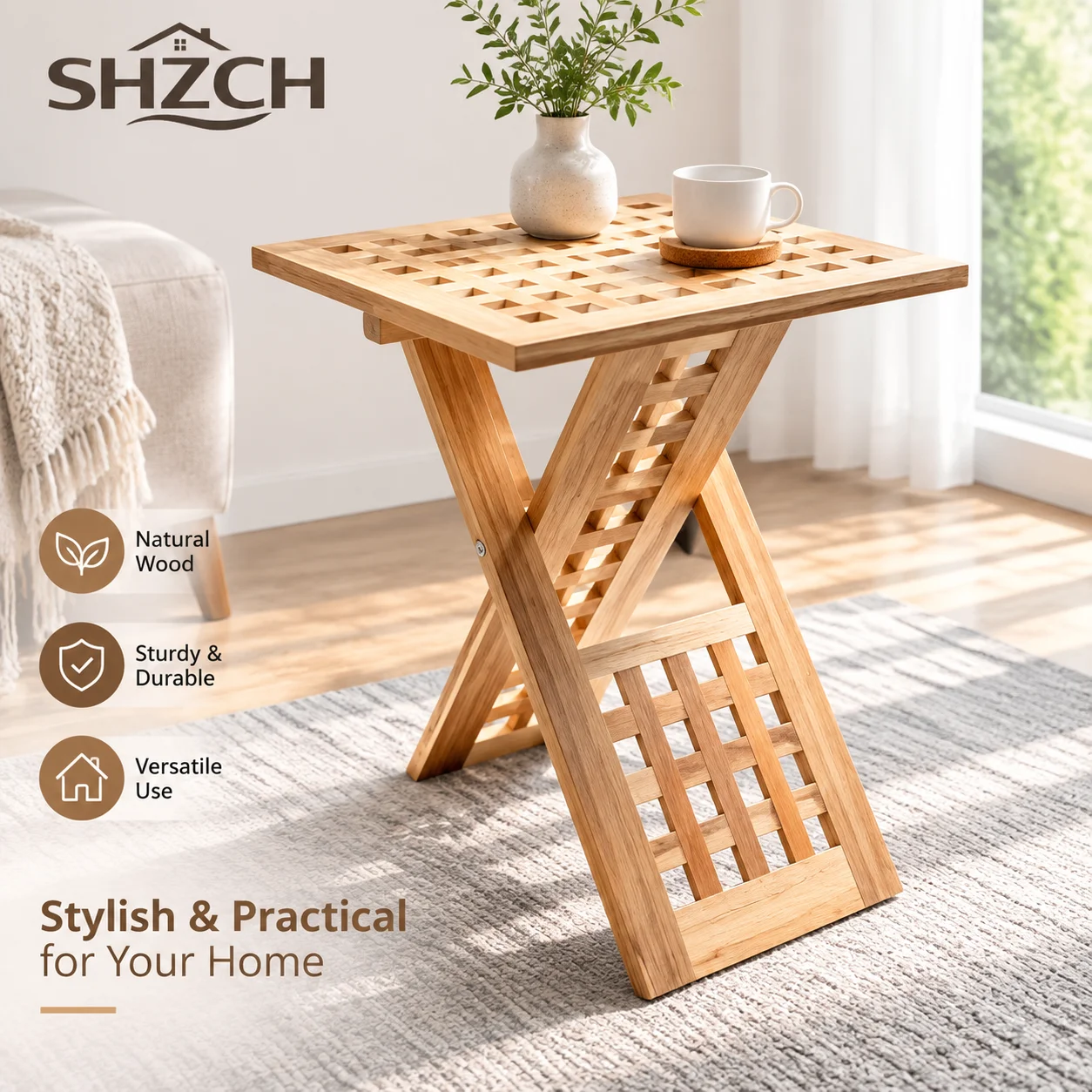 Solid Wood Folding Coffee Table Portable Side Table with Grid Design Sturdy Frame Eco-Friendly Finish Creative End Tables