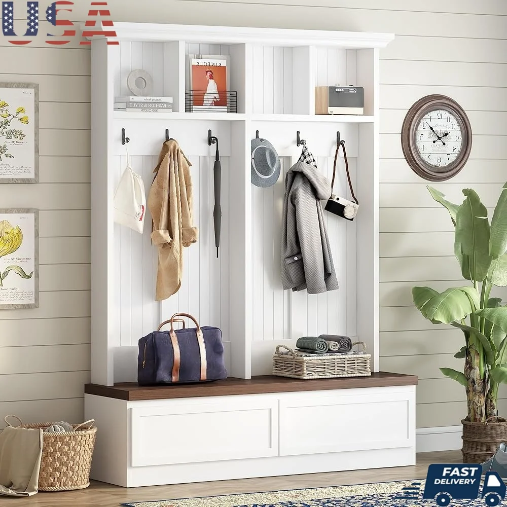 

Wood Hall Tree Entryway Bench with Hooks Storage Shelves Drawers Coat Rack Mudroom Organizer Foyer Furniture 3-in-1 Hallway
