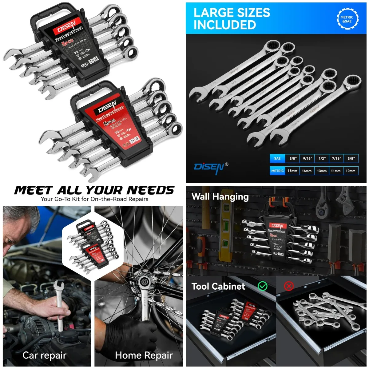 

Набор из 10 ключей с храповым механизмом SAE и метрической, 12 точек, 72 зубца, сталь CR-v, коробка и открытый конец, 10-15 мм и 3/8 ''-5/8''