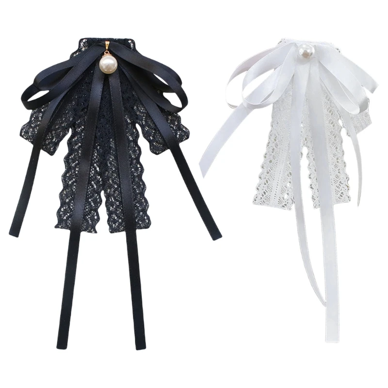 SZL Women Lace Ribbon Bowtie Brooch Pin Student Uniform Pearls Bowknot Clip Jabot Collar Pre Tied Necktie Accessories