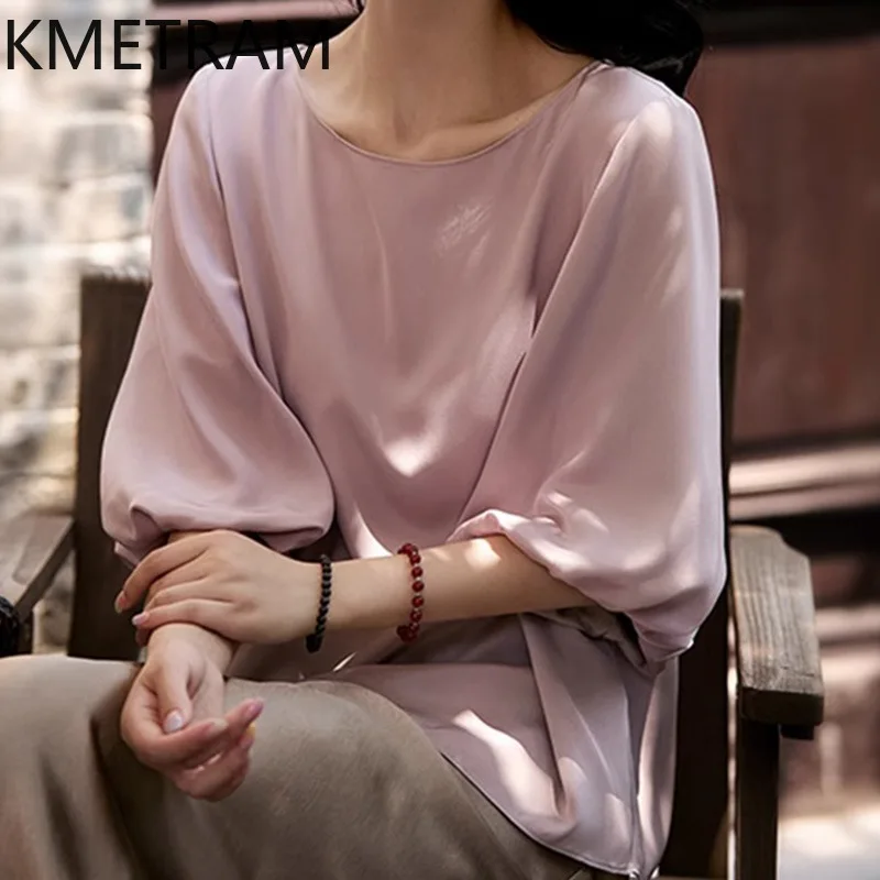 KMETRAM 90% Mulberry Silk Women T Shirts Elegant Lilac Purple T Shirt O-Neck Bubble Sleeve Summer Tops Woman Clothes 2026 ropa
