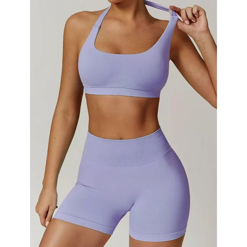 2PCS Sexy Halter Neck Peach Sports Bra And High Waist Shorts Set for Women Pilates Yoga Fitness Training Gathered Back Design