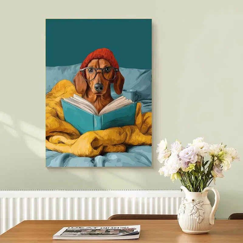 Cute Dog Wear Glasses Red Knit Hat Poster Prints Cartoon Animal Canvas Painting Wall Art Picture Living Room Home Decor Cuadros