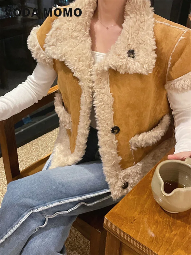

2024 Chic Autumn Winter Retro Temperament Versatile Trend Lapel Single Breasted Patchwork Fur One-piece Furry Vest Jacket Top