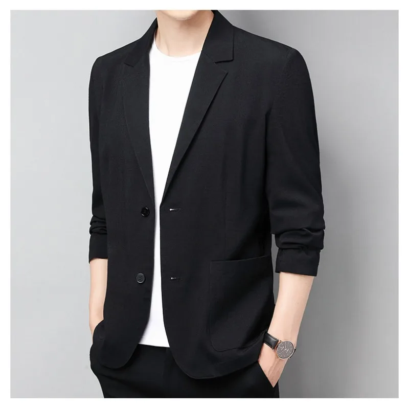 KIDWHXR Men Suit Coat Thin Linen Striped Pocket Male Blazer Single-breasted Long Sleeve Breathable Business Casual Man Outerwear