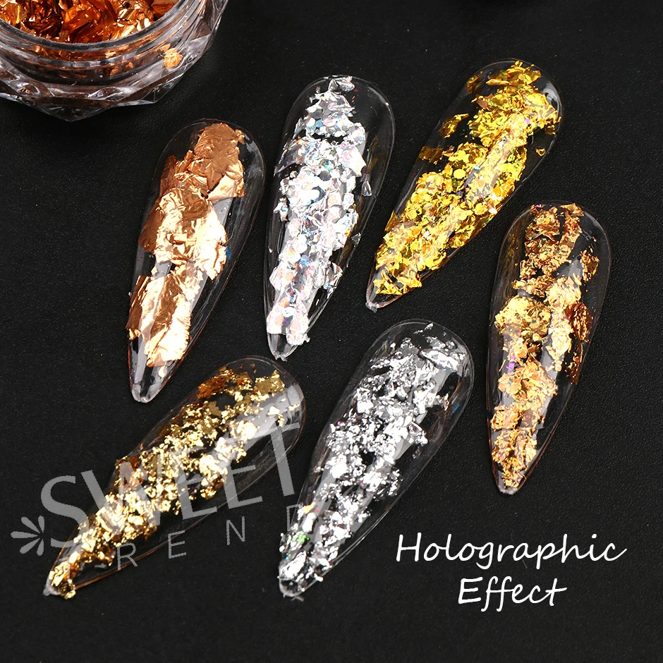 12Grids Holographic Gold Foils Nail Flakes Splendor Leaf Craft Irregular Aluminum Paillette DIY Polish Decoration Glitter LYS45