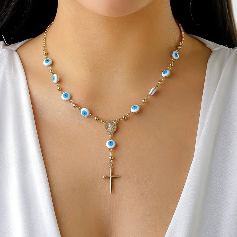 SRCOI Bohemia Evil Eye Rosary Bead Necklace Cross Pendant For Women Jesus Christ Religious Long Chain Necklace