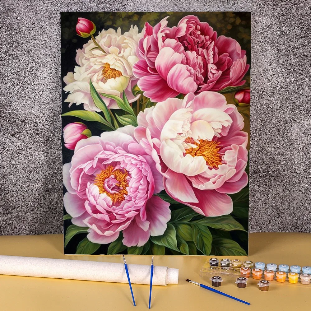 Pintura artesanal por números, lienzo de flor de peonía para colorear, regalo pintado a mano, decoración de pared para el hogar, imagen de 50 × 70cm para pintar con número