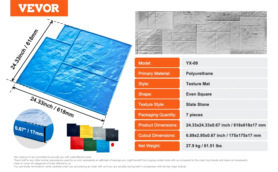 VEVOR Concrete Stamps Mat Concrete Texturing Skin Polyurethane Stamp Stone Tile Texture Mat Slate floor Imprint Concrete Molds