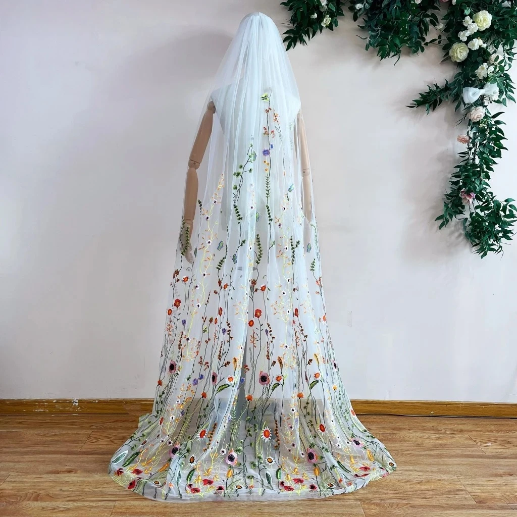 

Flower Floral Lace Embroidery Long Wedding Bridal Veil With Comb Boho Fairy Elegant Romantic Bride Veils