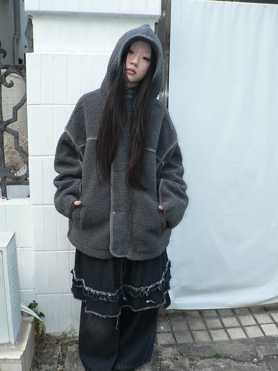 

Angproject Retro Thiened Fce Hooded Jaet Women's Loose Outerwear Warmth Polyester Long Sve Button Closure Coat